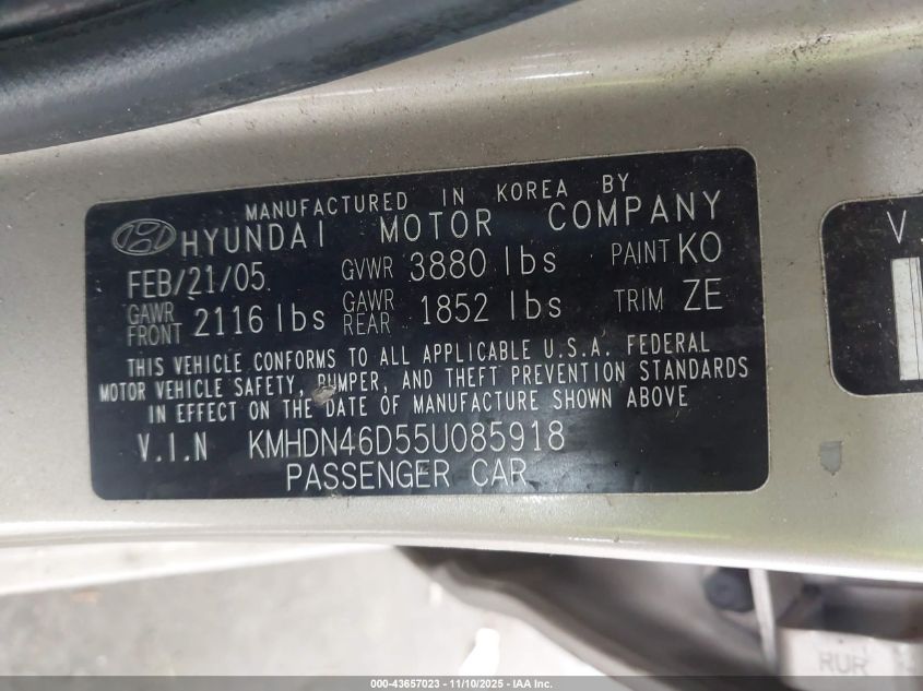 2005 Hyundai Elantra Gls/Gt VIN: KMHDN46D55U085918 Lot: 43657023