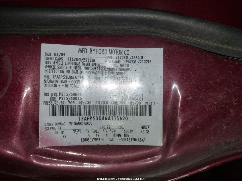 2006 Ford Taurus Se VIN: 1FAFP53U86A115620 Lot: 43657029
