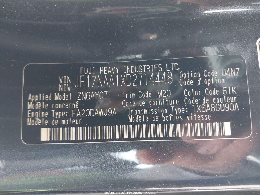 2013 Scion Fr-S VIN: JF1ZNAA1XD2714448 Lot: 43657036