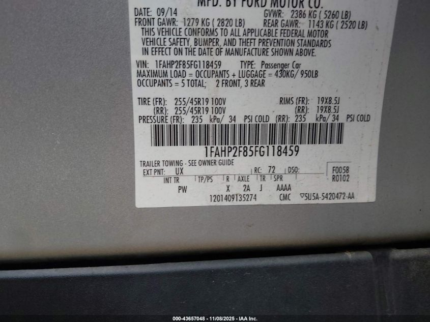 2015 Ford Taurus Limited VIN: 1FAHP2F85FG118459 Lot: 43657048