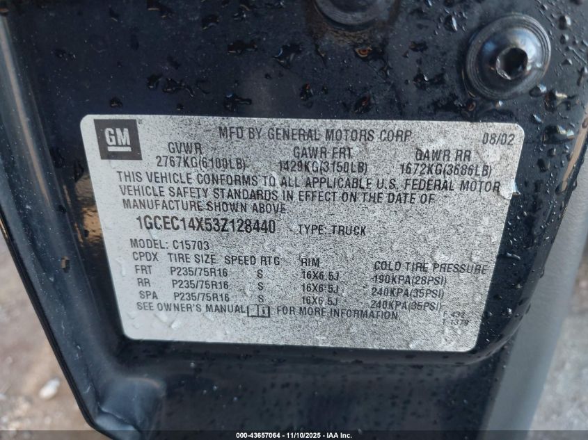2003 Chevrolet Silverado 1500 VIN: 1GCEC14X53Z128440 Lot: 43657064