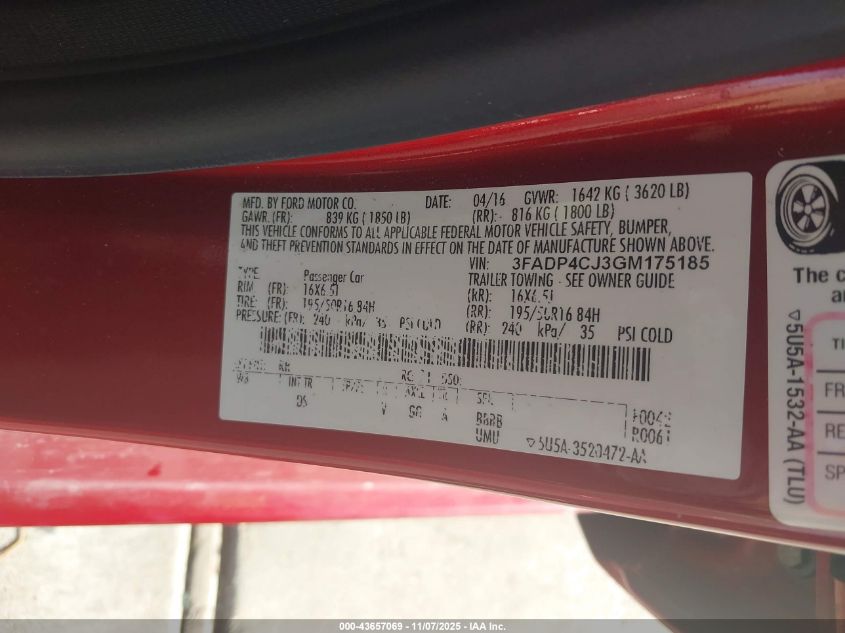 2016 Ford Fiesta Titanium VIN: 3FADP4CJ3GM175185 Lot: 43657069