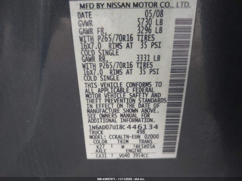 2008 Nissan Frontier Se VIN: 1N6AD07U18C446134 Lot: 43657071