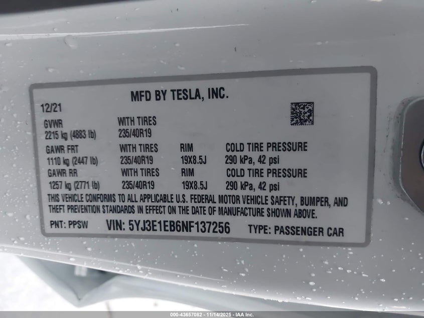 2022 Tesla Model 3 Long Range Dual Motor All-Wheel Drive VIN: 5YJ3E1EB6NF137256 Lot: 43657082