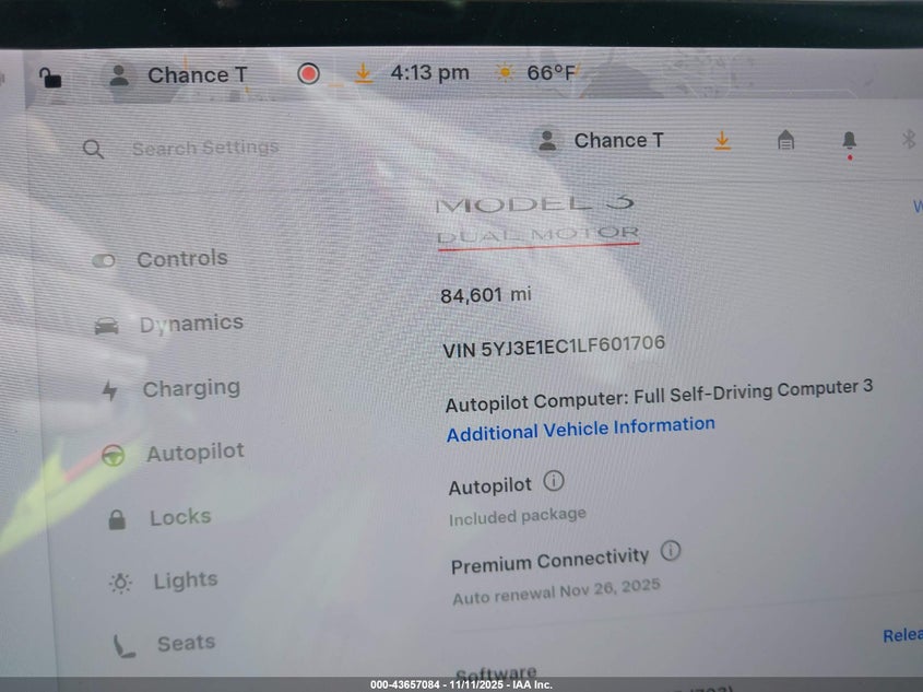 2020 Tesla Model 3 Performance Dual Motor All-Wheel Drive VIN: 5YJ3E1EC1LF601706 Lot: 43657084