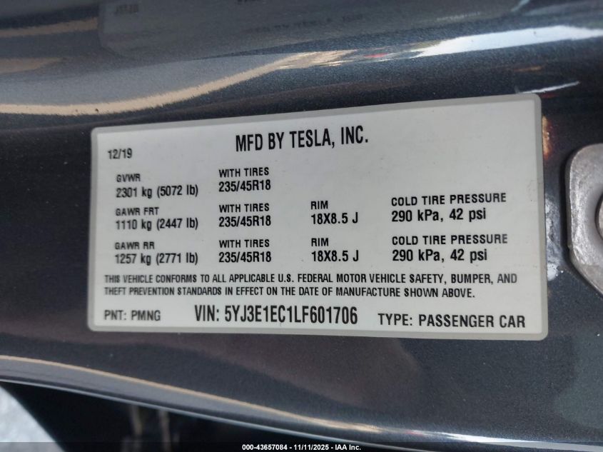 2020 Tesla Model 3 Performance Dual Motor All-Wheel Drive VIN: 5YJ3E1EC1LF601706 Lot: 43657084