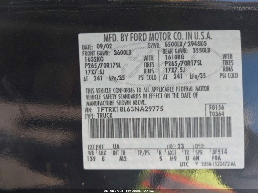 2003 Ford F-150 Lariat/Xl/Xlt VIN: 1FTRX18L63NA29775 Lot: 43657088