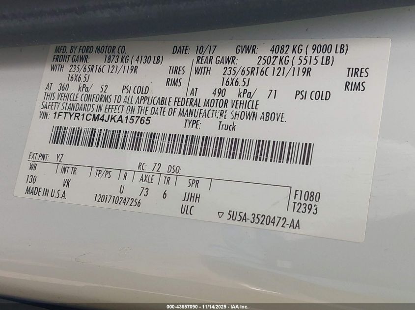 2018 Ford Transit-250 VIN: 1FTYR1CM4JKA15765 Lot: 43657090