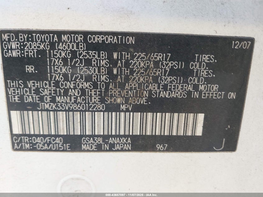 2008 Toyota Rav4 Base V6 VIN: JTMZK33V986012280 Lot: 43657097