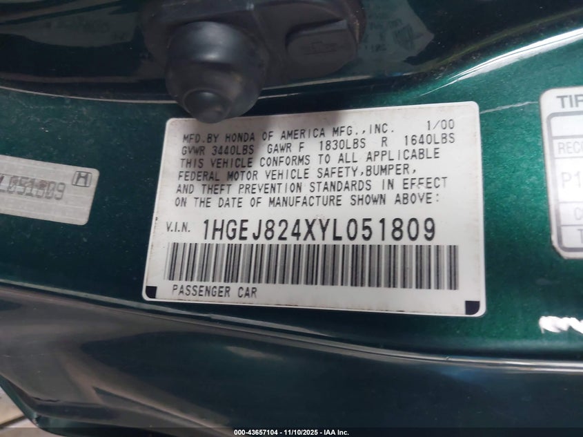 1HGEJ824XYL051809 2000 HONDA CIVIC photo no. 9