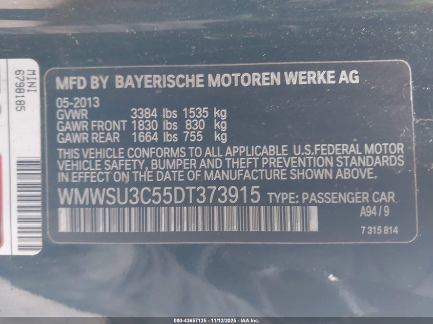 2013 Mini Hardtop Cooper VIN: WMWSU3C55DT373915 Lot: 43657125