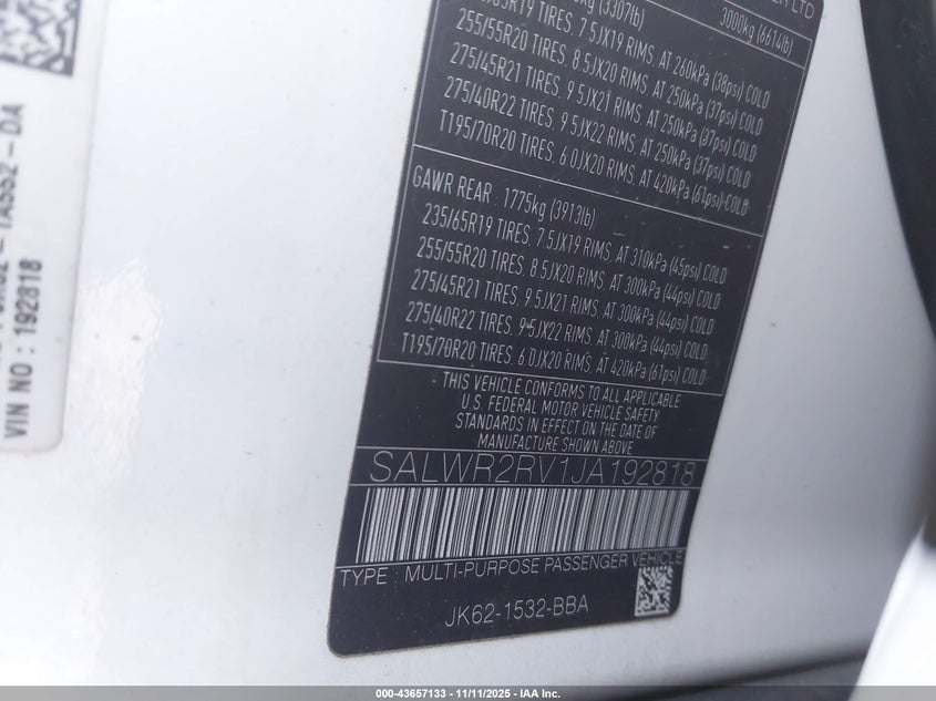 2018 Land Rover Range Rover Sport Hse VIN: SALWR2RV1JA192818 Lot: 43657133