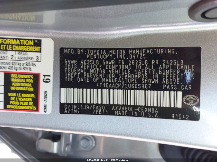 2025 Toyota Camry(VIN: 4T1DAACK7SU605867