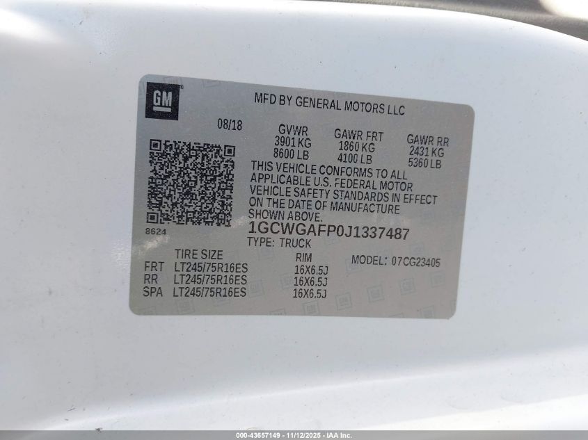 2018 Chevrolet Express 2500 Work Van VIN: 1GCWGAFP0J1337487 Lot: 43657149