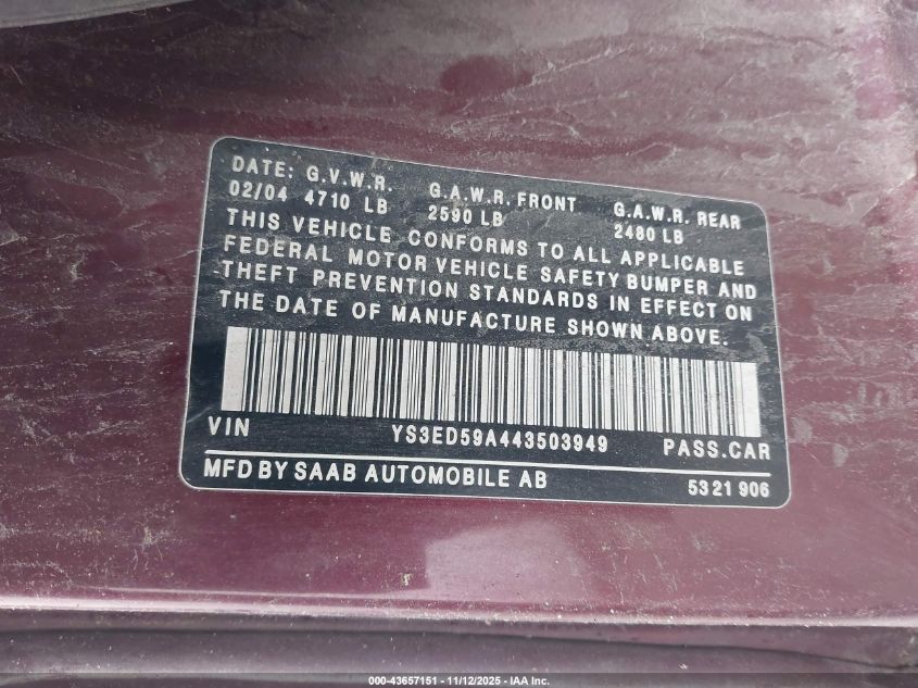2004 Saab 9-5 Arc VIN: YS3ED59A443503949 Lot: 43657151