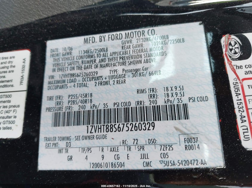 2007 Ford Shelby Gt500 VIN: 1ZVHT88S675260329 Lot: 43657162