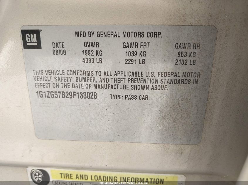 2009 Chevrolet Malibu Ls VIN: 1G1ZG57B29F133028 Lot: 43657167