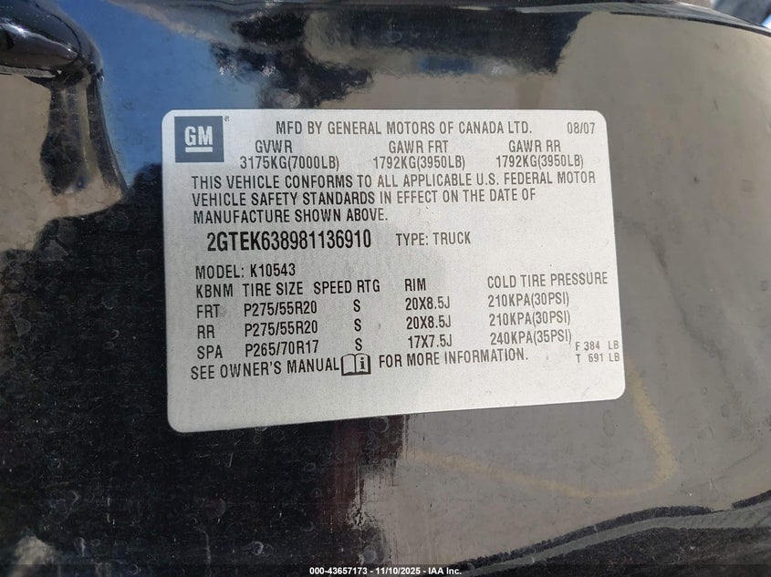2008 GMC Sierra 1500 Denali VIN: 2GTEK638981136910 Lot: 43657173
