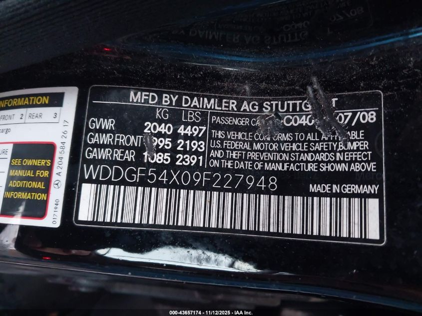 2009 Mercedes-Benz C 300 Luxury/Sport VIN: WDDGF54X09F227948 Lot: 43657174