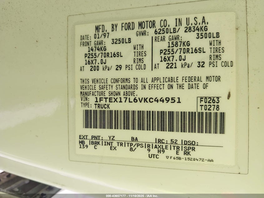 1997 Ford F-150 Lariat/Xl/Xlt VIN: 1FTEX17L6VKC44951 Lot: 43657177