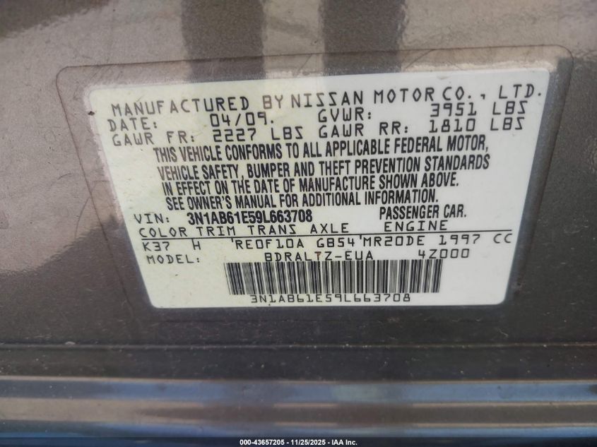 2009 Nissan Sentra 2.0S VIN: 3N1AB61E59L663708 Lot: 43657205