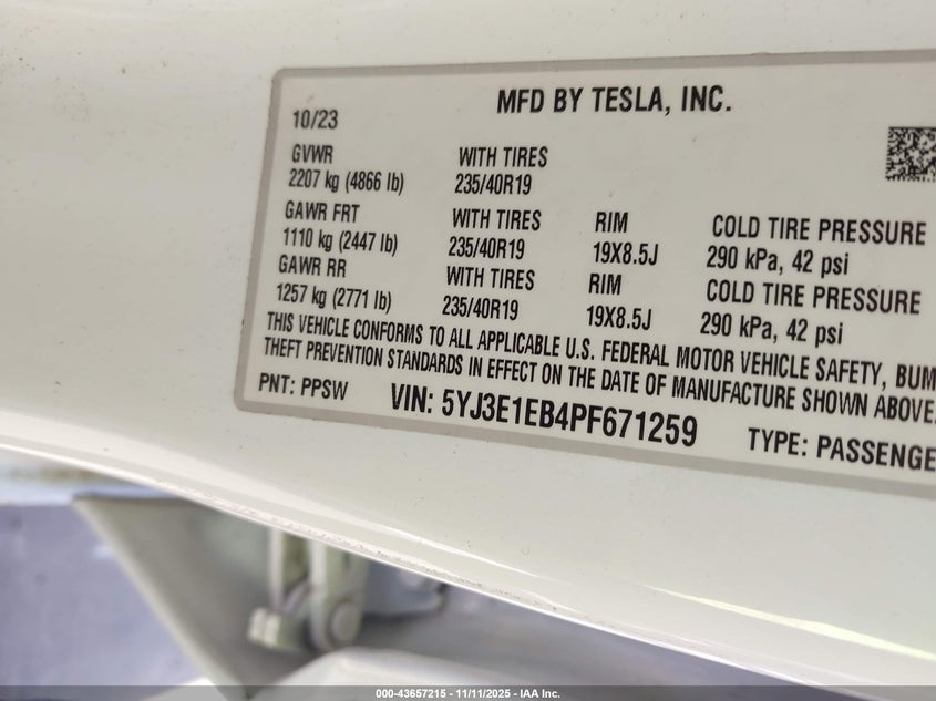 2023 Tesla Model 3 Long Range Dual Motor All-Wheel Drive VIN: 5YJ3E1EB4PF671259 Lot: 43657215
