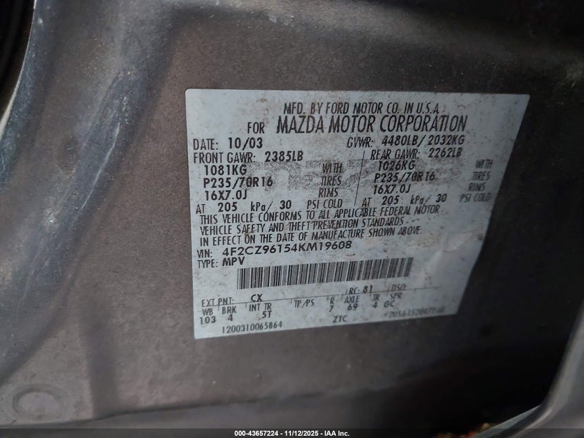 2004 Mazda Tribute Es V6 VIN: 4F2CZ96154KM19608 Lot: 43657224