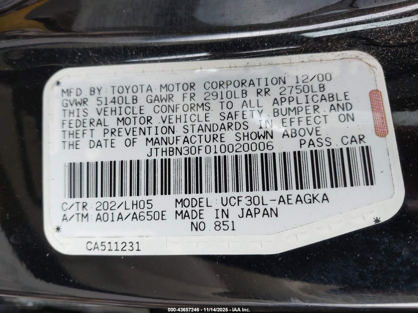 2001 Lexus Ls 430 VIN: JTHBN30F010020006 Lot: 43657246