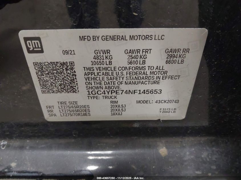 2022 Chevrolet Silverado 2500Hd 4Wd Standard Bed Ltz VIN: 1GC4YPE74NF145653 Lot: 43657250