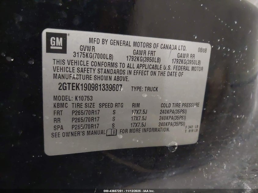 2008 GMC Sierra 1500 Sle2 VIN: 2GTEK190981339607 Lot: 43657251