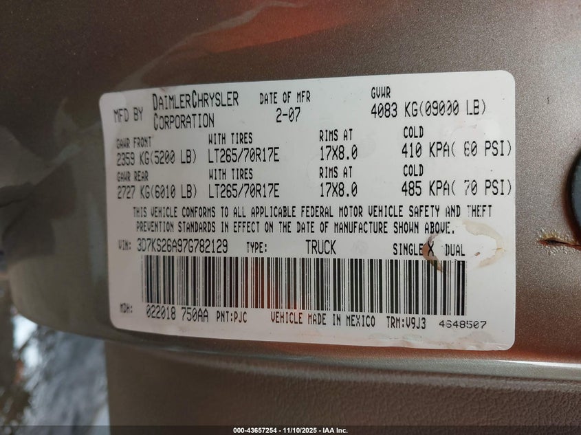 2007 Dodge Ram 2500 Slt/Trx4 Off Road/Sport/Power Wagon VIN: 3D7KS26A97G782129 Lot: 43657254