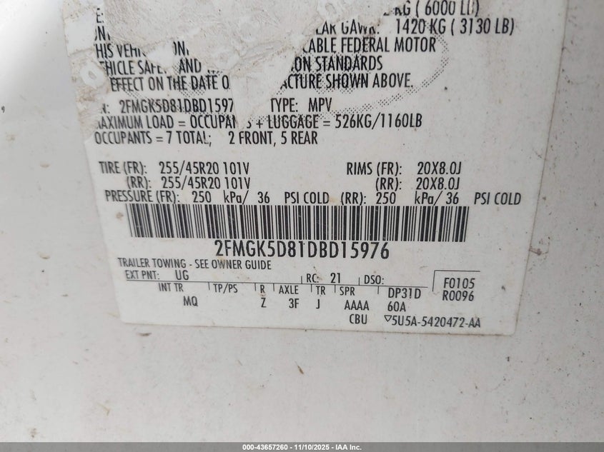 2013 Ford Flex Limited VIN: 2FMGK5D81DBD15976 Lot: 43657260