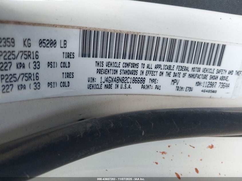 2002 Jeep Grand Cherokee Laredo VIN: 1J4GX48N82C186688 Lot: 43657283