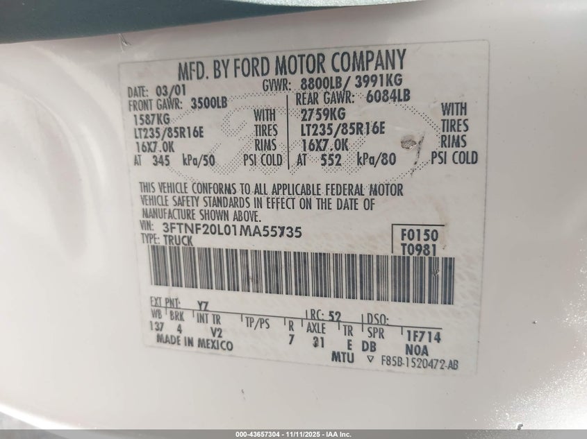 2001 Ford F-250 Xl/Xlt VIN: 3FTNF20L01MA55735 Lot: 43657304