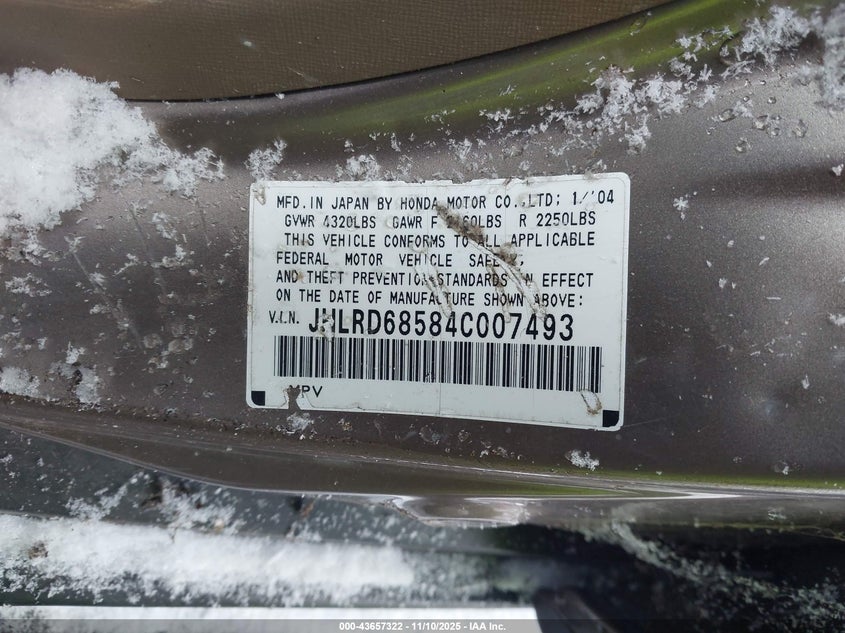 2004 Honda Cr-V Lx VIN: JHLRD68584C007493 Lot: 43657322