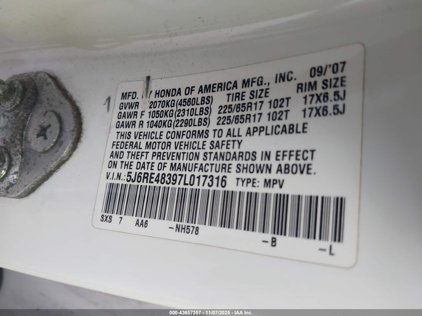 2007 Honda Cr-V Lx VIN: 5J6RE48397L017316 Lot: 43657357