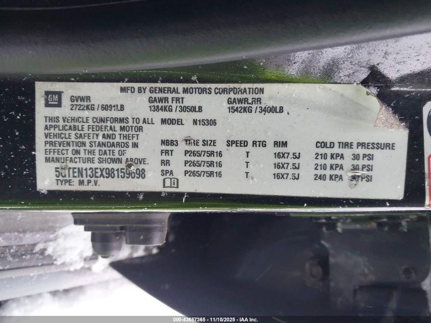 2009 Hummer H3 Suv VIN: 5GTEN13EX98159698 Lot: 43657365