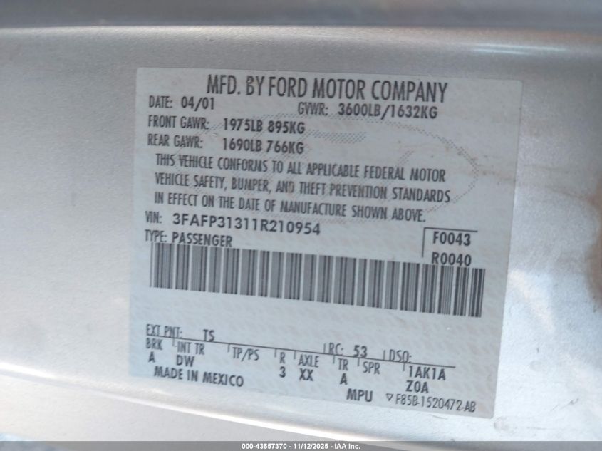 2001 Ford Focus Zx3 VIN: 3FAFP31311R210954 Lot: 43657370