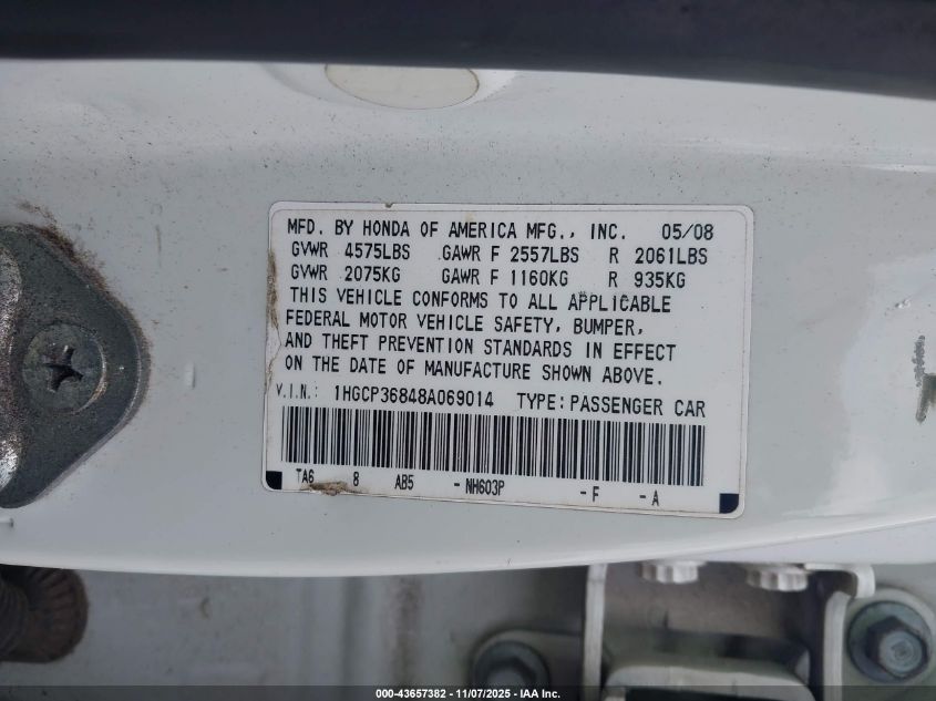 2008 Honda Accord 3.5 Ex-L VIN: 1HGCP36848A069014 Lot: 43657382