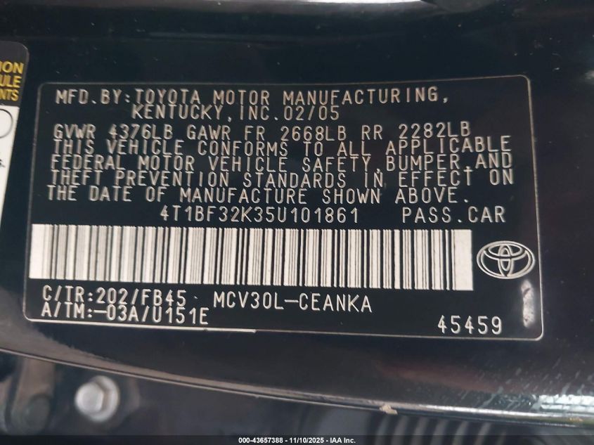 2005 Toyota Camry Le V6 VIN: 4T1BF32K35U101861 Lot: 43657388