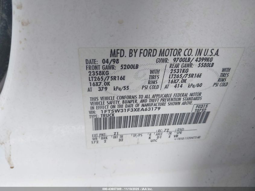 1999 Ford F-350 Lariat/Xl/Xlt VIN: 1FTSW31F3XEA63179 Lot: 43657389