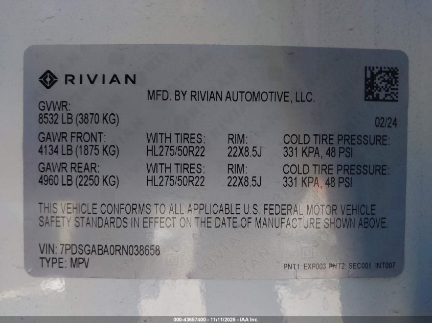 2024 Rivian R1S Adventure Quad Motor Large Pack VIN: 7PDSGABA0RN038658 Lot: 43657400