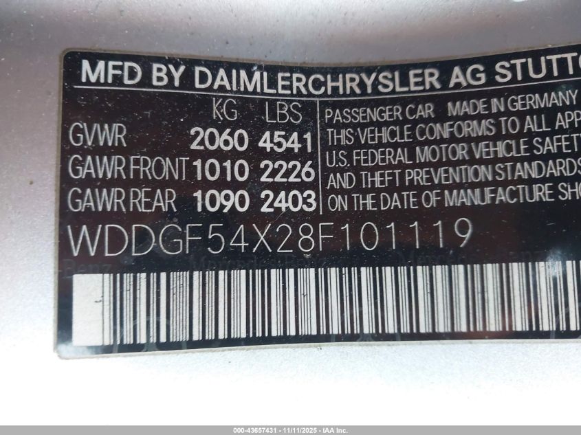 2008 Mercedes-Benz C 300 Luxury/Sport VIN: WDDGF54X28F101119 Lot: 43657431