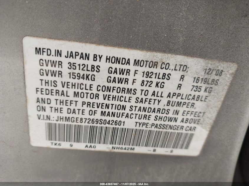 2009 Honda Fit VIN: JHMGE87269S042601 Lot: 43657467