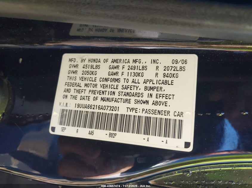 2006 Acura Tl VIN: 19UUA66216A073201 Lot: 43657474