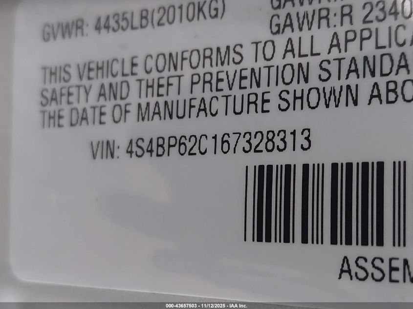 2006 Subaru Outback 2.5I Limited VIN: 4S4BP62C167328313 Lot: 43657503