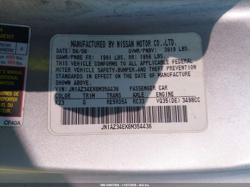 2006 Nissan 350Z Enthusiast VIN: JN1AZ34EX6M354436 Lot: 43657508