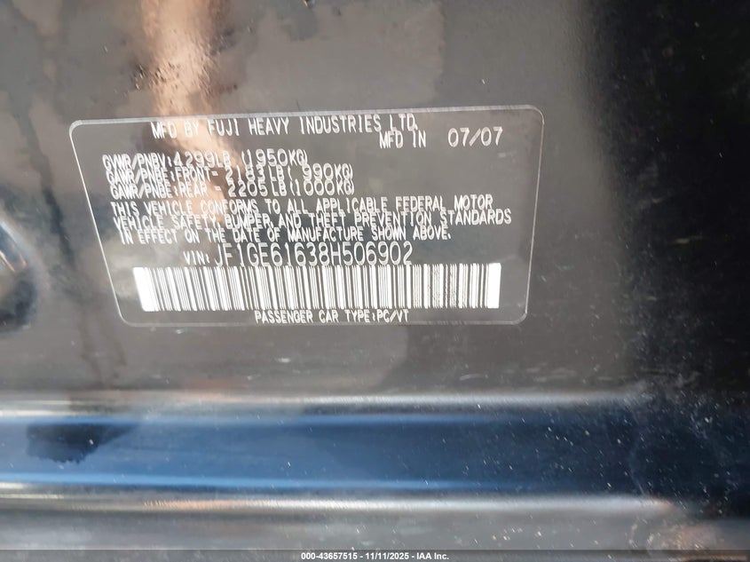 2008 Subaru Impreza 2.5I VIN: JF1GE61638H506902 Lot: 43657515
