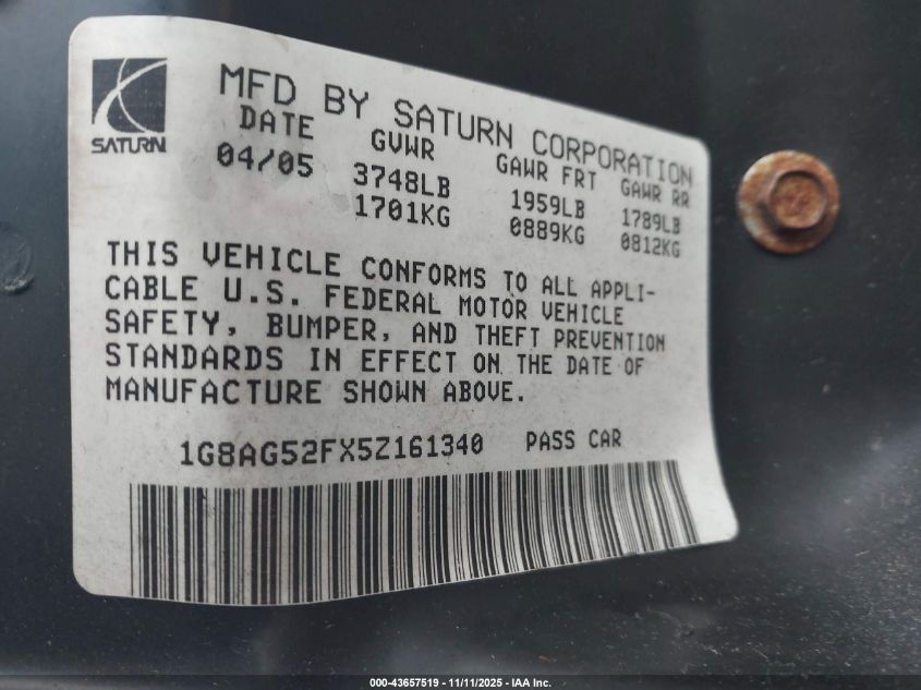 2005 Saturn Ion 1 VIN: 1G8AG52FX5Z161340 Lot: 43657519