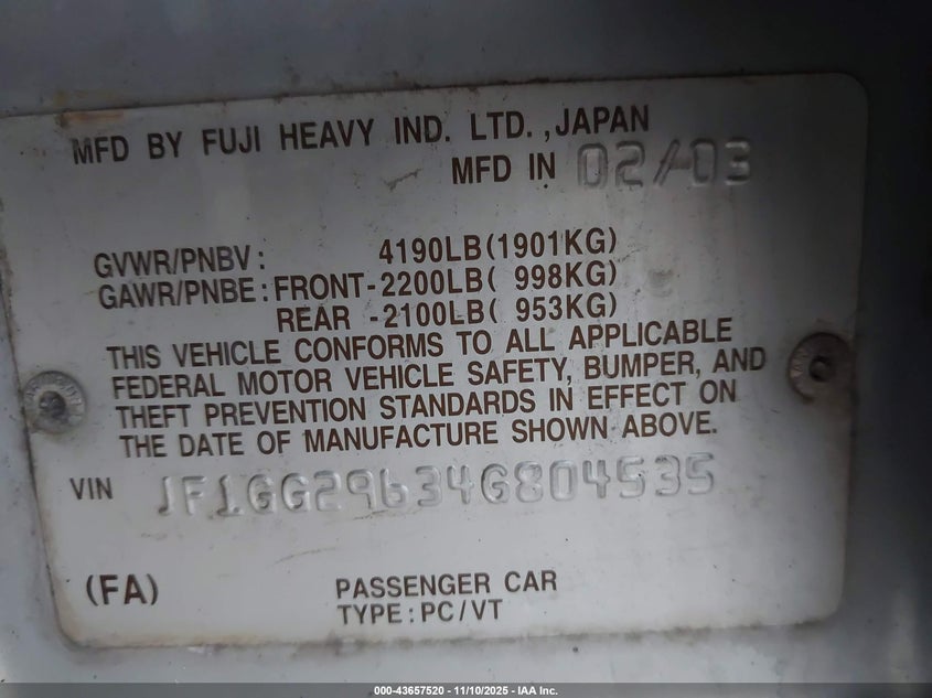 2004 Subaru Impreza Wrx VIN: JF1GG29634G804535 Lot: 43657520